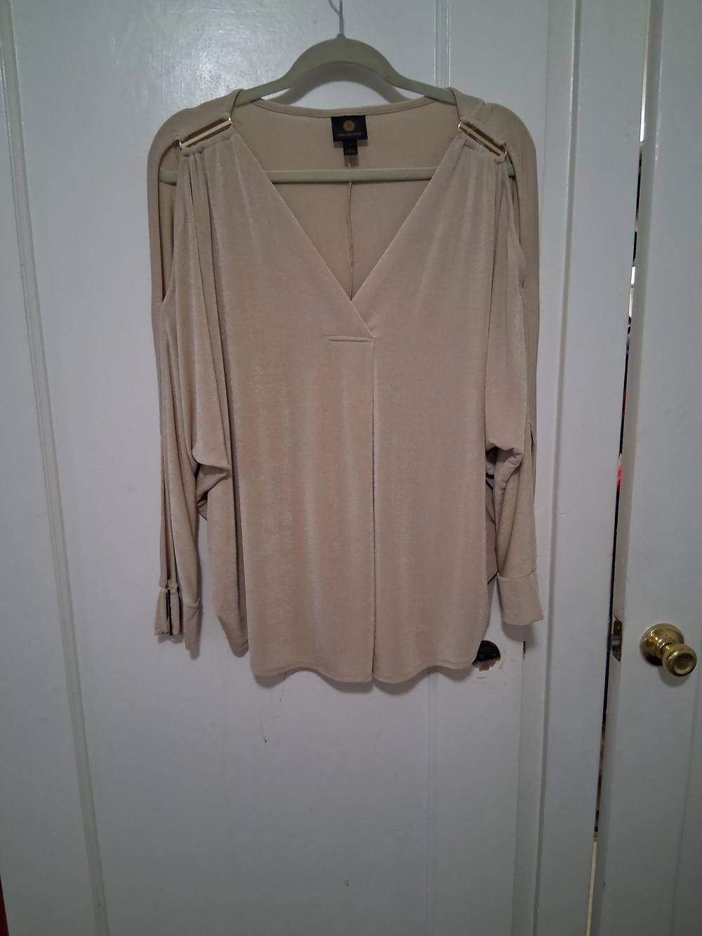 JM Collection Beige Cold-Shoulder V-Neck Top with Gold Hardware